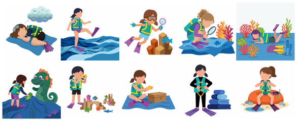 Collection of flat vector illustrations of young girl characters scuba diving, snorkeling, and exploring the underwater world and marine life. © ArtlowMedia