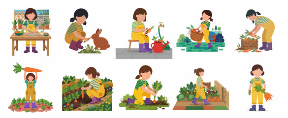 Fototapeta premium Set of illustrations featuring a young girl gardening, harvesting fresh carrots, feeding a rabbit, and preparing organic vegetables in a garden and kitchen setting.