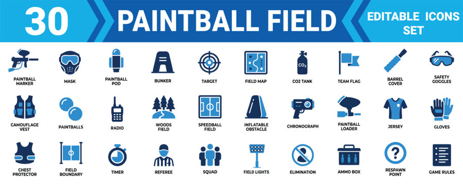 Set of 30 paintball field and sports equipment icons featuring protective gear markers and tactical accessories Minimal solid fill icon set bundle collection. Editable Vector Illustration Mega pack