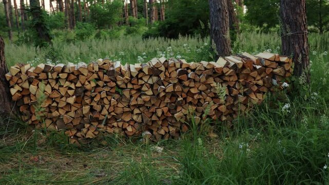 A wide cinematic shot of a neat pile of chopped firewood logs stacked between trees in a green forest clearing filled with wild grass and flowers during daytime
