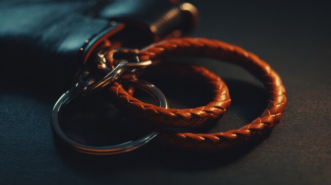 Close up of leather key ring and keys against a dark background