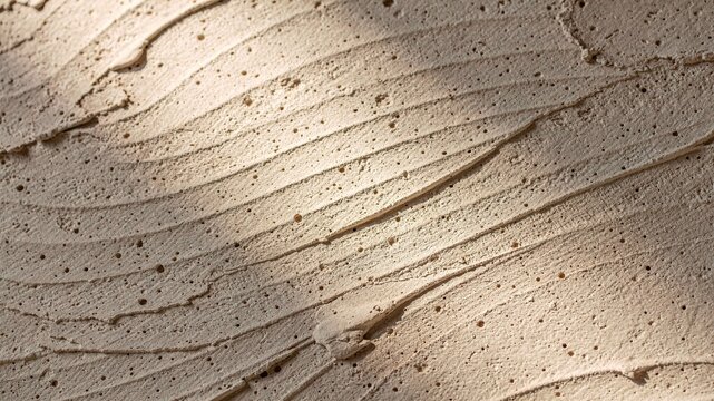 Macro photograph of hand-troweled plaster wall at slight oblique angle with raking light creating pronounced shadows in texture valleys, warm sandy beige tones
