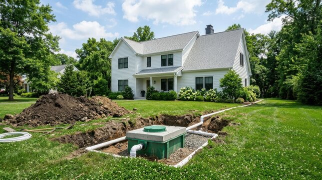 Residential septic system installation in a lush green backyard