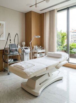 Modern Aesthetic Clinic Room with Treatment Bed and Equipment.
