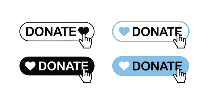 Donate button click icons with charity, online donation, fundraising, contribution, payment, and support symbols for websites, applications, and nonprofit campaigns.