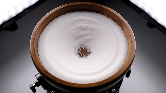 Mesmerizing close-up of white granulated sugar spiraling in a wooden bowl, demonstrating a calming mesmerizing effect