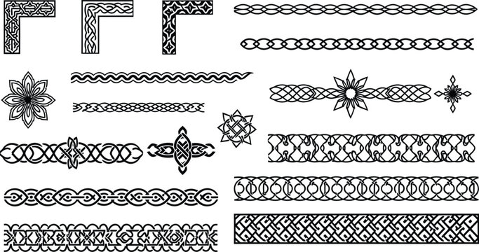 Black and white Celtic knot border set with ornamental dividers and decorative corner elements