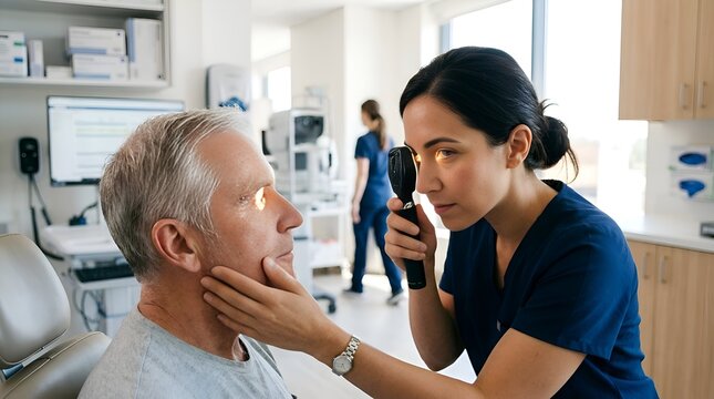 Optometrist examining senior man's eye with ophthalmoscope in clinic