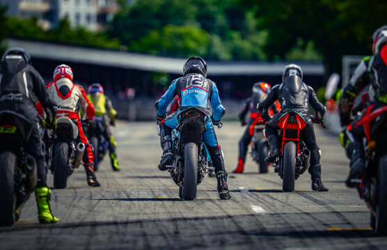 Regular training in Riga, Latvia, Bikernieki on 12-05-2026  Racers on motorcycles competing in a speed trial