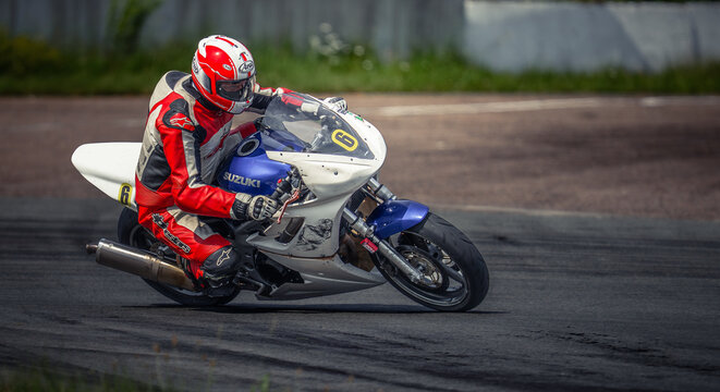 Regular training in Riga, Latvia, Bikernieki on 12-05-2026  Motorcyclist leaning into a curve on a race track