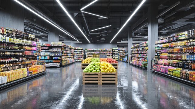 Modern supermarket interior aisle with fresh produce display