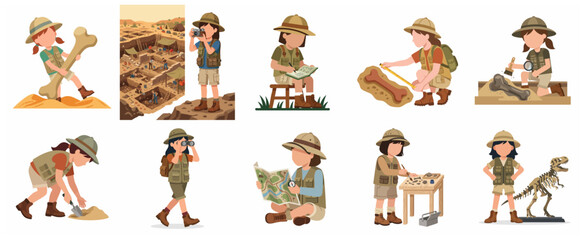 Little girl archeologist and explorer character set, young paleontologist digging and researching dinosaur fossils, educational archaeology collection for kids, flat vector illustration © ArtlowMedia