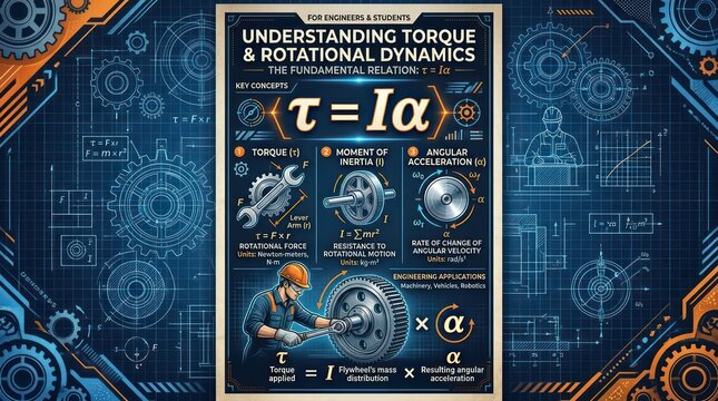 Understanding torque and rotational dynamics educational poster for engineering students.