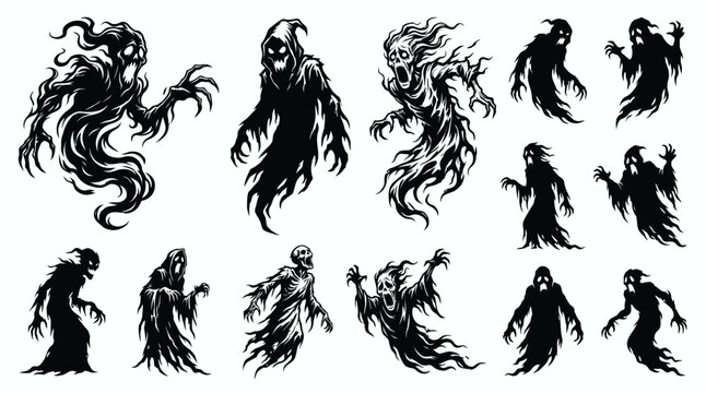 Scary Halloween Ghost and Grim Reaper Silhouette Illustrations Vector Set