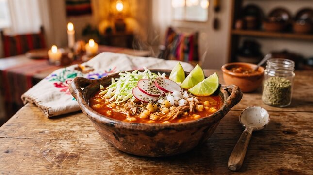 Pozole rojo en un taz&oacute;n de barro con repollo rallado, rodajas de r&aacute;bano y lima, caldo rojo de chile, iluminaci&oacute;n c&aacute;lida y r&uacute;stica estilo casero, fotograf&iacute;a de comida tradicional mexicana reconfortante