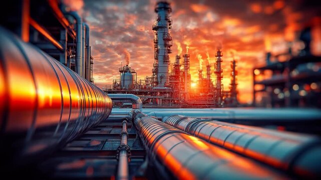 Oil and Gas Refinery Background, Industrial Plant at Sunset, Petrochemical Industry Concept, Global Energy Production, Steel Pipes and Manufacturing Infrastructure