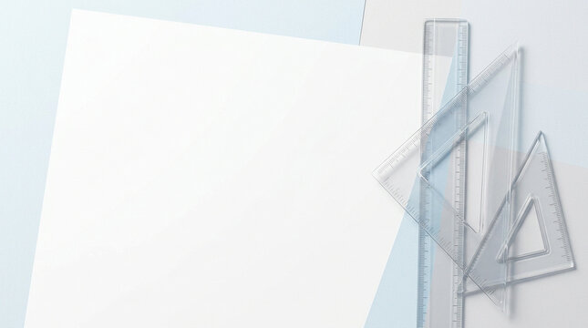 Top view of transparent plastic drafting rulers and triangles on a clean light blue paper background