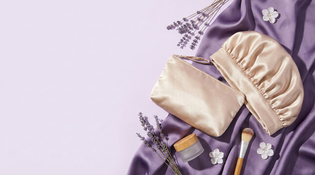 Flat lay of silk sleep bonnet and cosmetic pouch with lavender flowers on purple fabric background
