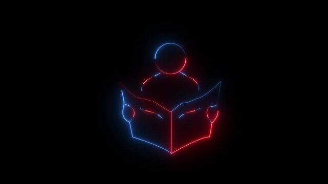 glowing neon person reading book icon isolated on black background.  4K video animation