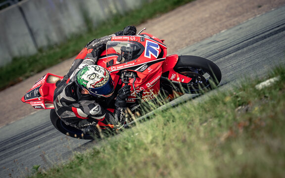 Regular training in Riga, Latvia, Bikernieki on 12-05-2026  Motorcyclist leaning into a turn on a racetrack