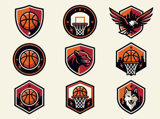 Set of Basketball Team Logo Badges featuring Mascots, Shields, and Athletic Emblems for Sports Branding © Miyar