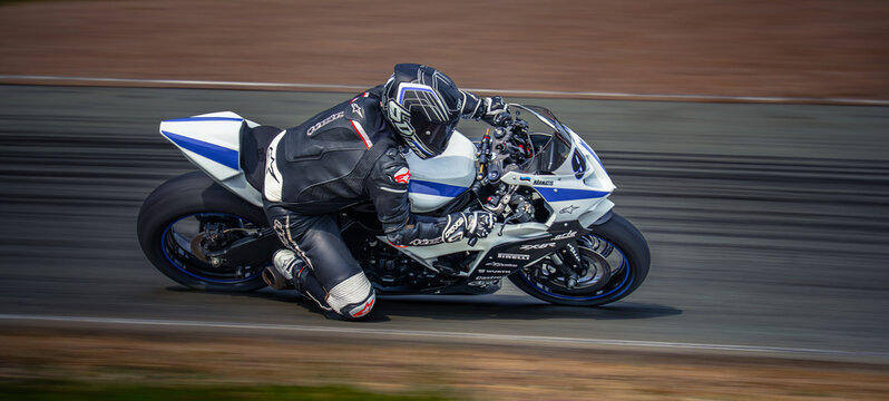 Regular training in Riga, Latvia, Bikernieki on 12-05-2026  Motorcyclist leaning into curve on racetrack