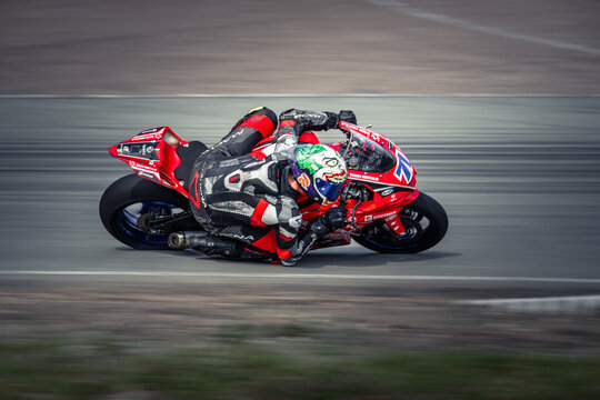 Regular training in Riga, Latvia, Bikernieki on 12-05-2026  Motorcyclist leaning into a turn on a racetrack