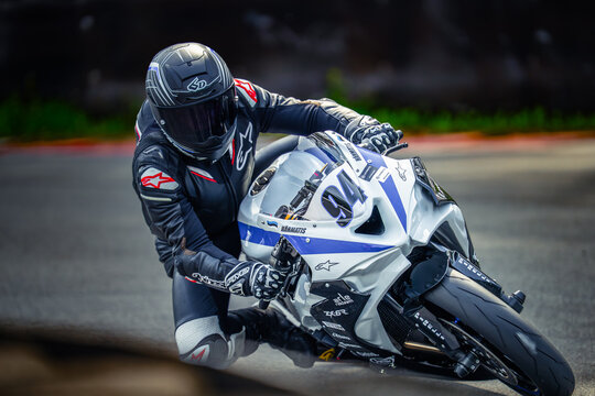 Regular training in Riga, Latvia, Bikernieki on 12-05-2026  Motorcyclist leaning into a turn on race track