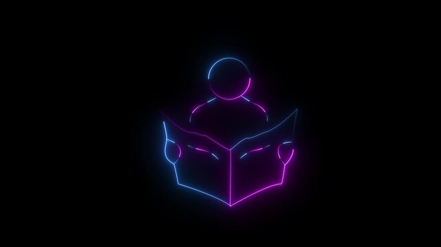 glowing neon person reading book icon isolated on black background.  4K video animation