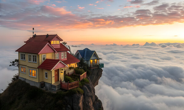 Scenic cliff houses above clouds at sunset for travel, real estate, and unique lifestyle.