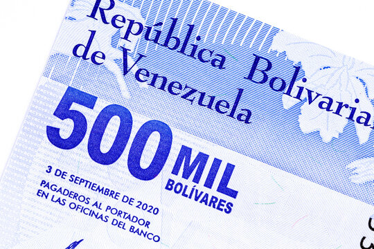 A high-resolution macro shot showcasing a segment of the(500 Mil) Venezuelan Bol&iacute;vares Soberanos banknote, issued in September 2020.