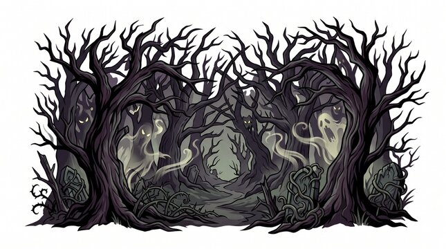 Spooky ghosts emerge from eerie, twisted trees in a dark forest scene.