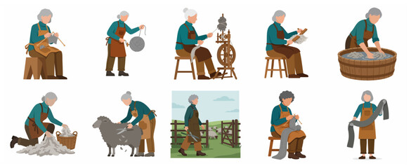 Flat vector illustration set of a senior woman processing wool, from shearing sheep and spinning yarn to knitting handmade clothing. © ArtlowMedia