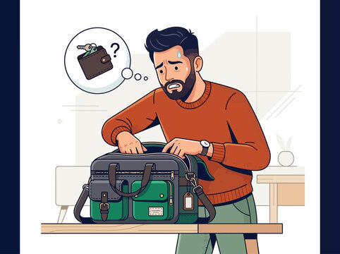 Man Searching Bag for Lost Wallet and Keys Illustration