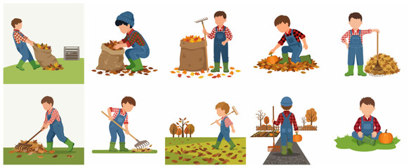 Fototapeta premium Set of Vector Illustrations of a Young Boy Performing Autumn Garden Chores and Raking Leaves