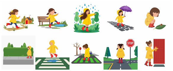 Fototapeta premium Set of flat vector illustrations of a little girl in a yellow raincoat and red boots enjoying rainy day activities, playing outdoors, walking with an umbrella, and learning road safety.