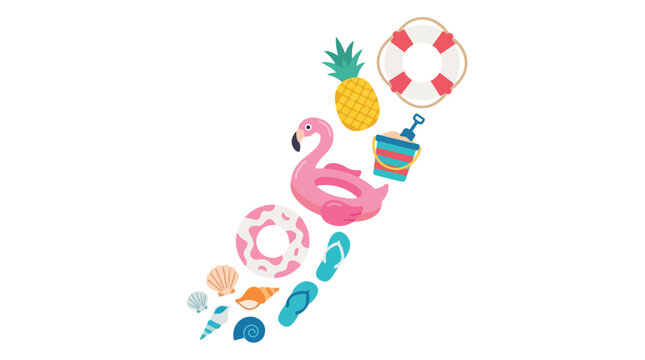 Summer essentials like a flamingo float, pineapple, and seashells arranged diagonally against a plain white background.