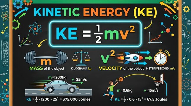 Educational poster explaining kinetic energy formula with car and basketball examples.