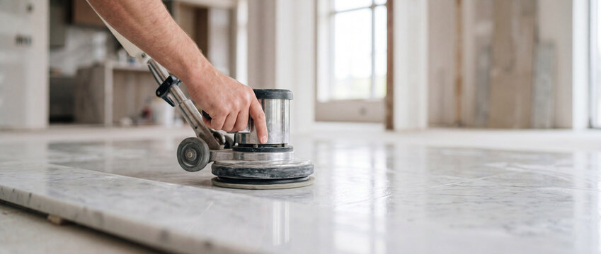 Worker polishing marble floor with floor buffer machine during home renovation and surface restoration