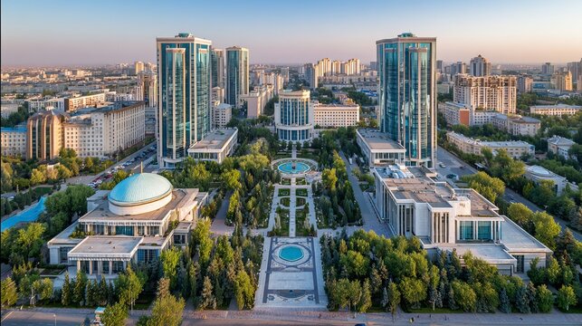  Aerial panorama of Tashkent city centre with contemporary skyscrapers and modern urban skyline, Uzbekistan