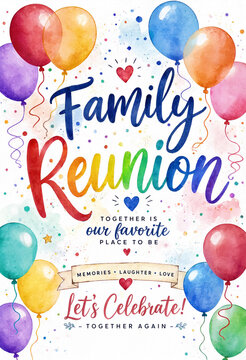 Colorful family reunion celebration poster with balloons and confetti