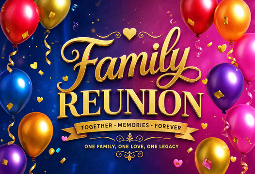 family reunion celebration with colorful balloons and confetti