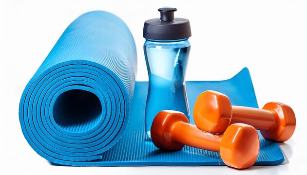 blue yoga mat with orange dumbbells and a water bottle on a white background