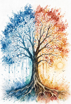 Tree with colorful leaves and roots on white background  symbol of nature and seasons