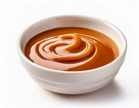 creamy caramel sauce in white bowl isolated on white background