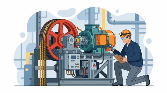 Industrial Engineer Inspecting Elevator Motor and Hoist System