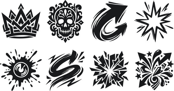 Collection of eight black graphic illustrations featuring crown, skull, arrow, starburst, splatter, brushstroke, explosion, and festive burst designs