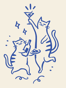Party Cats Naive Abstract Doodle Vector Illustration