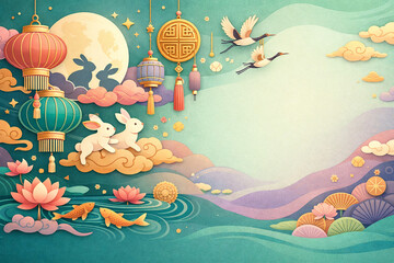 Fototapeta premium Colorful Mid Autumn Festival Landscape With Moon Rabbits