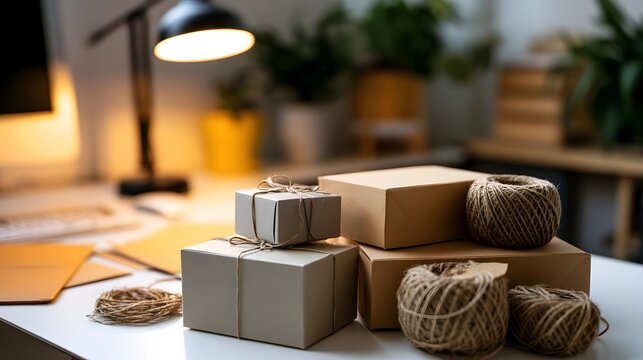 Small wrapped packages and spools of twine on a white desk under warm lighting near potted plants